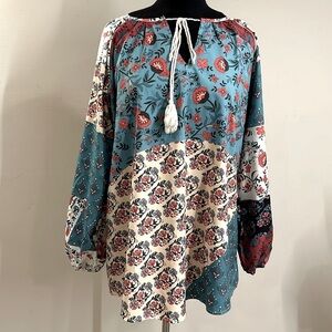 Boho free flowing patchwork blouse multicoloured size XL NWOT